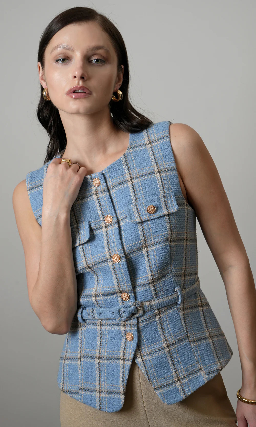 SLOANE BELTED PLAID VEST - RETRO BLUE
