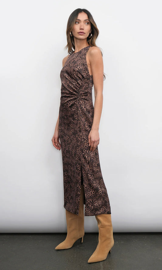 MARLI RUCHED TIE FRNT MIDI DRESS - LEOPARD