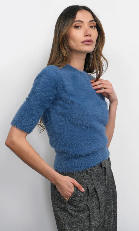 ODETTE FUZZY ELBOW SLEEVE KNIT TOP - INDIGO