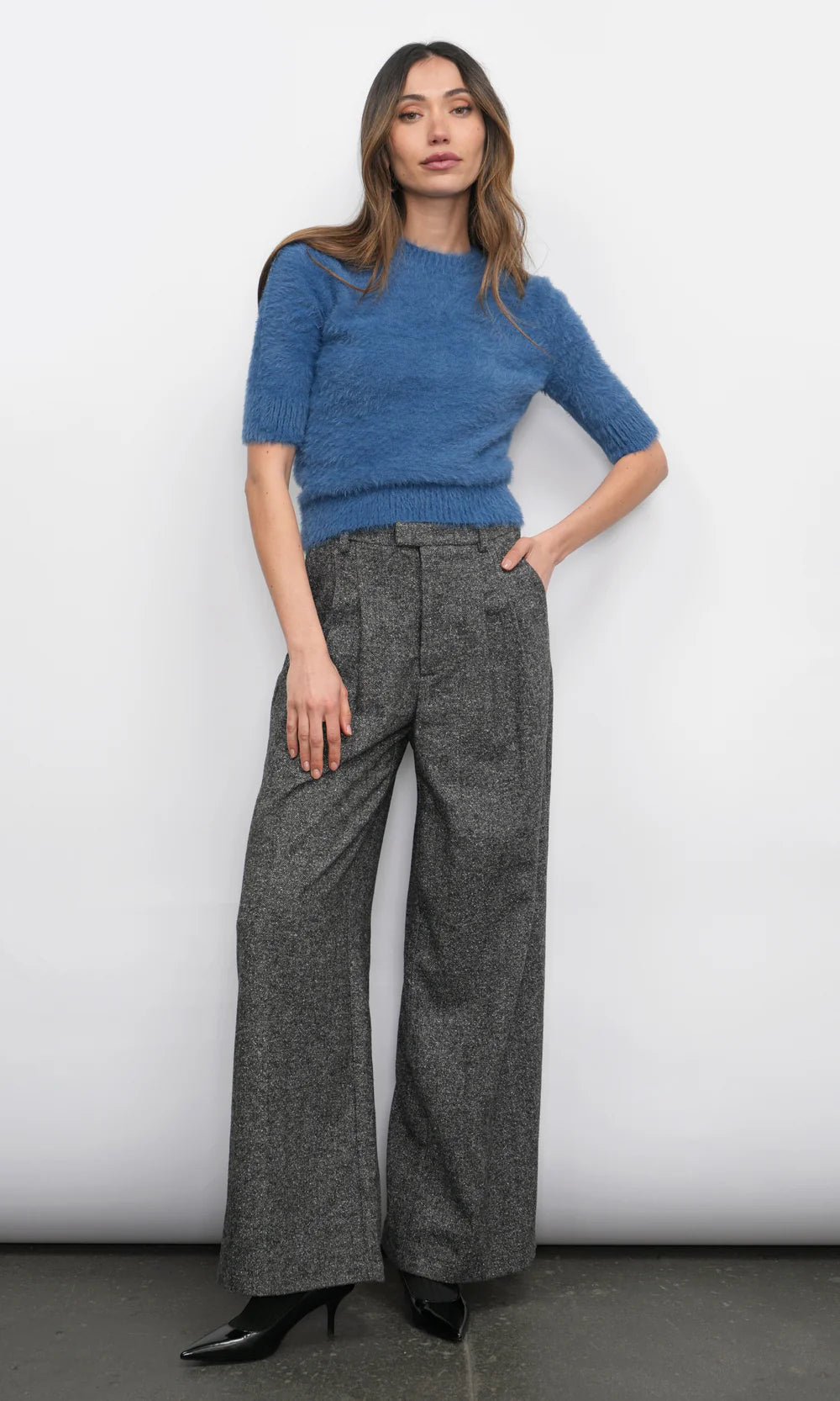 ODETTE FUZZY ELBOW SLEEVE KNIT TOP - INDIGO