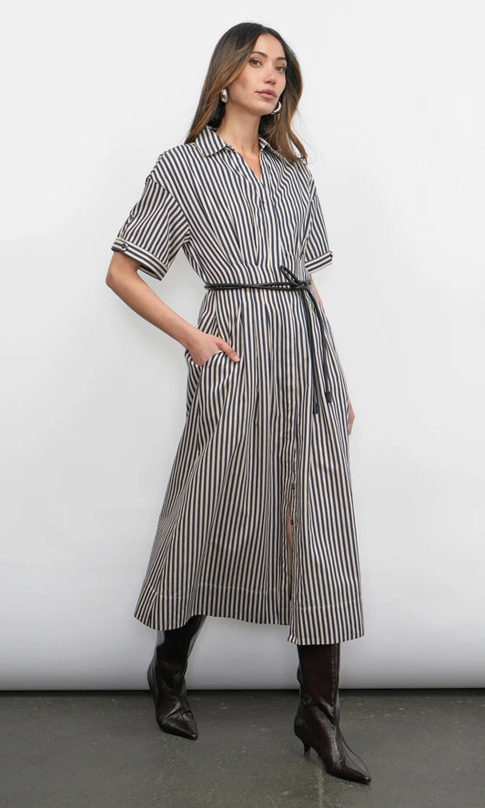 VANISA STRIPE MIDI SHIRT DRESS - NAVY