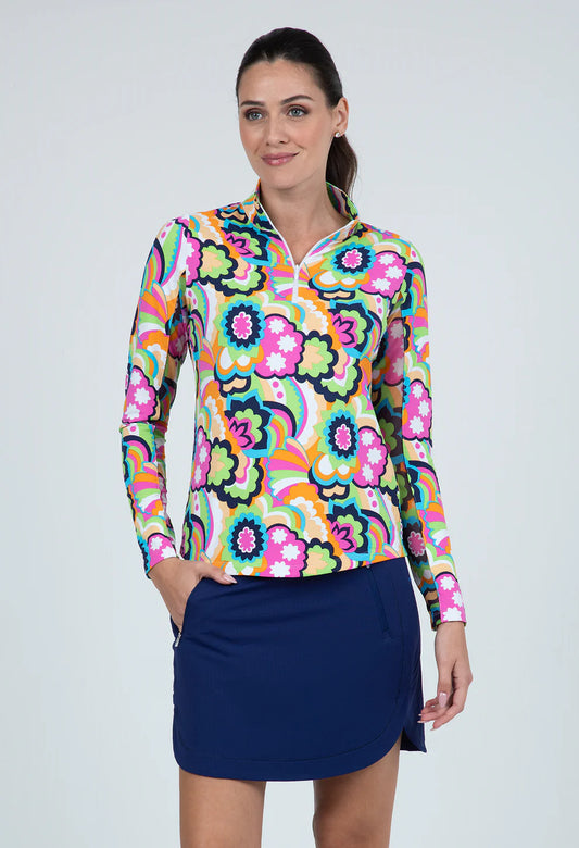 LONG SLEEVE ZIP MOCK TOP PINK MULTI