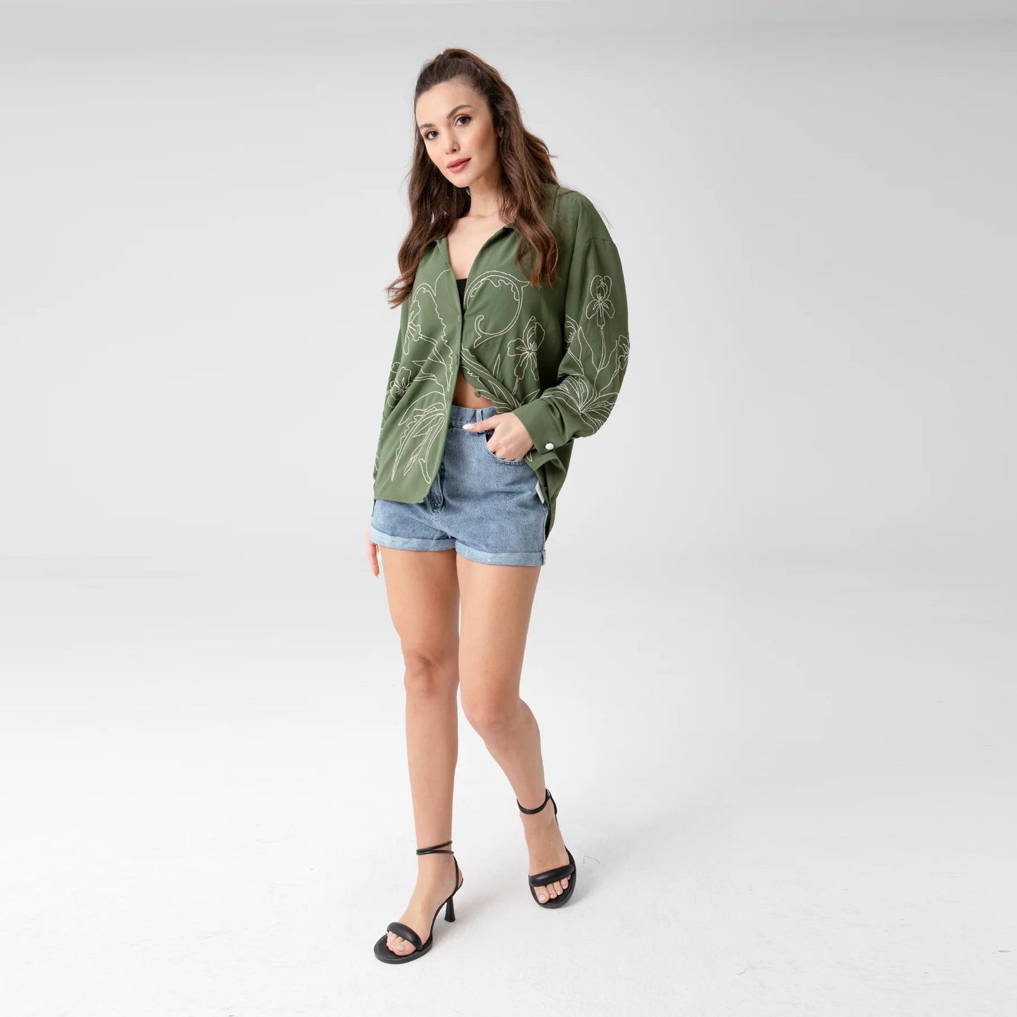 DROP SHOULDER EMBROIDERY OVERSIZED SHIRT KHAKI