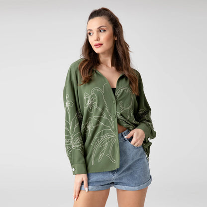 DROP SHOULDER EMBROIDERY OVERSIZED SHIRT KHAKI