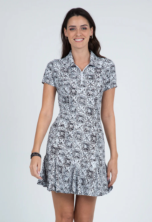 SHORT SLEEVE GODET DRESS BLACK/GRAY