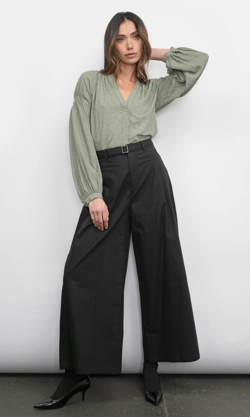 HERA WIDE LEG PALAZZO TWILL PANTS - BLACK