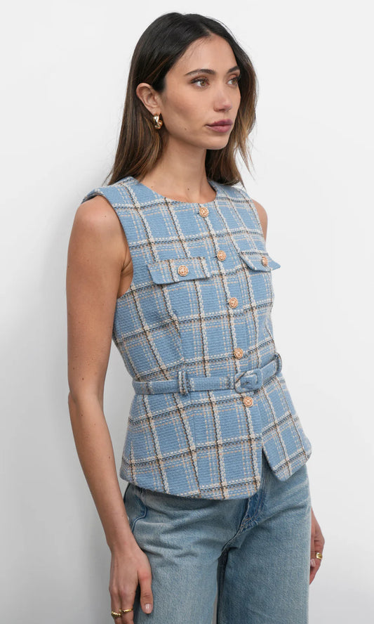 SLOANE BELTED PLAID VEST - RETRO BLUE