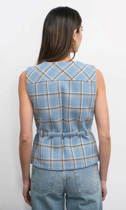SLOANE BELTED PLAID VEST - RETRO BLUE