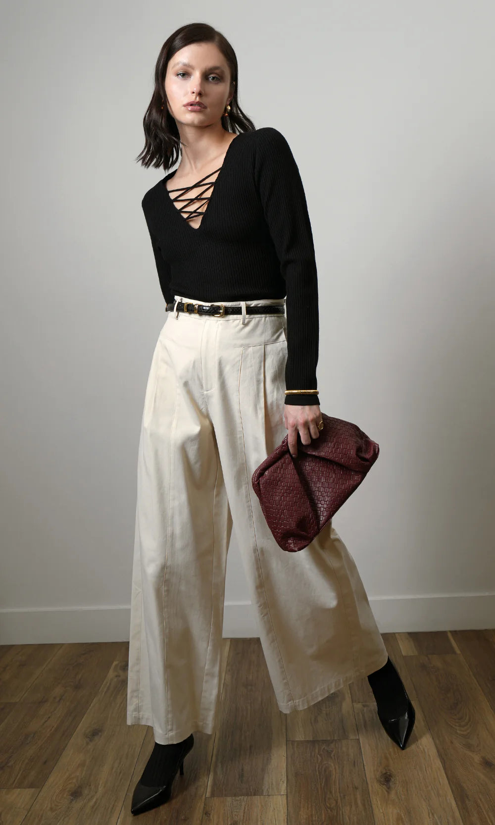 HERA WIDE LEG PALAZZO TWILL PANTS - BONE