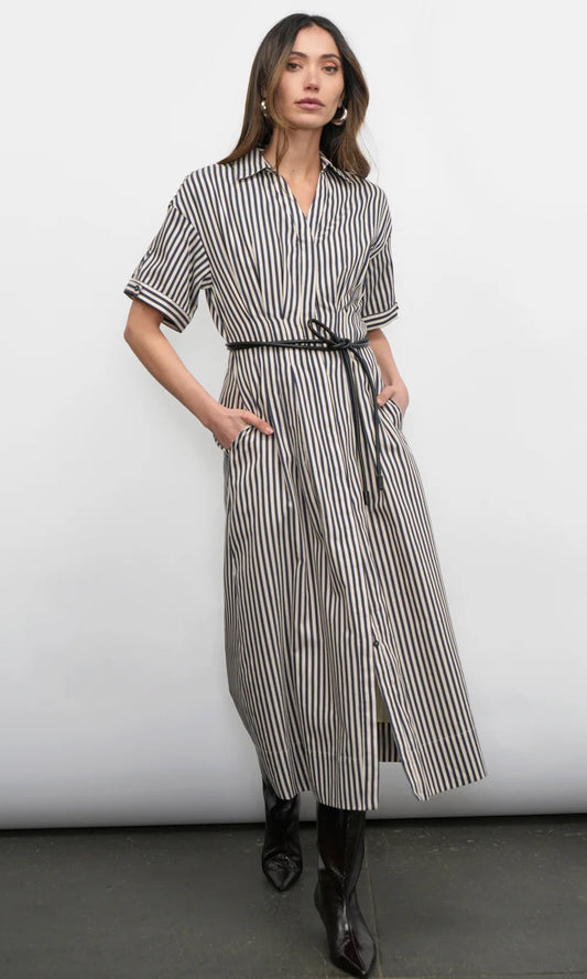 VANISA STRIPE MIDI SHIRT DRESS - NAVY