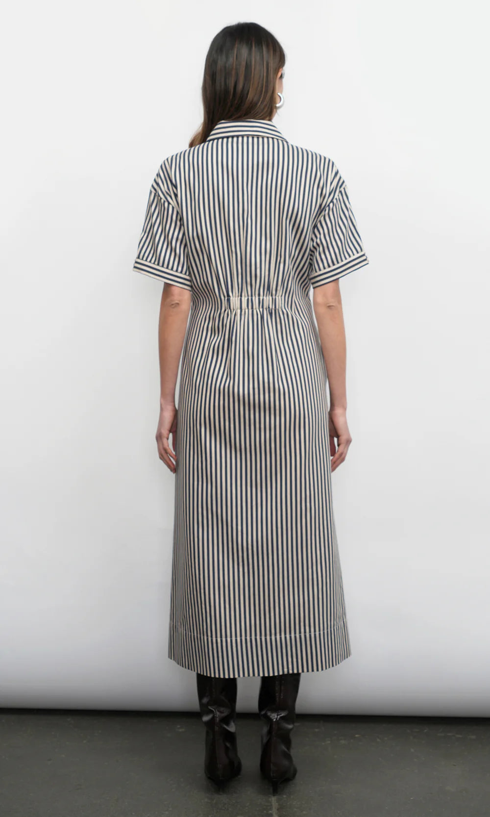 VANISA STRIPE MIDI SHIRT DRESS - NAVY