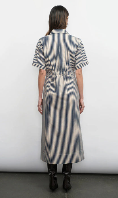 VANISA STRIPE MIDI SHIRT DRESS - NAVY
