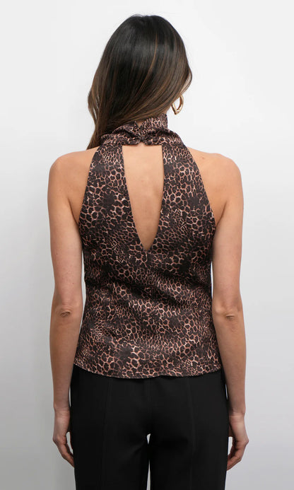 SHEILA COWL FUNNEL NECK HALTER TOP - LEOPARD