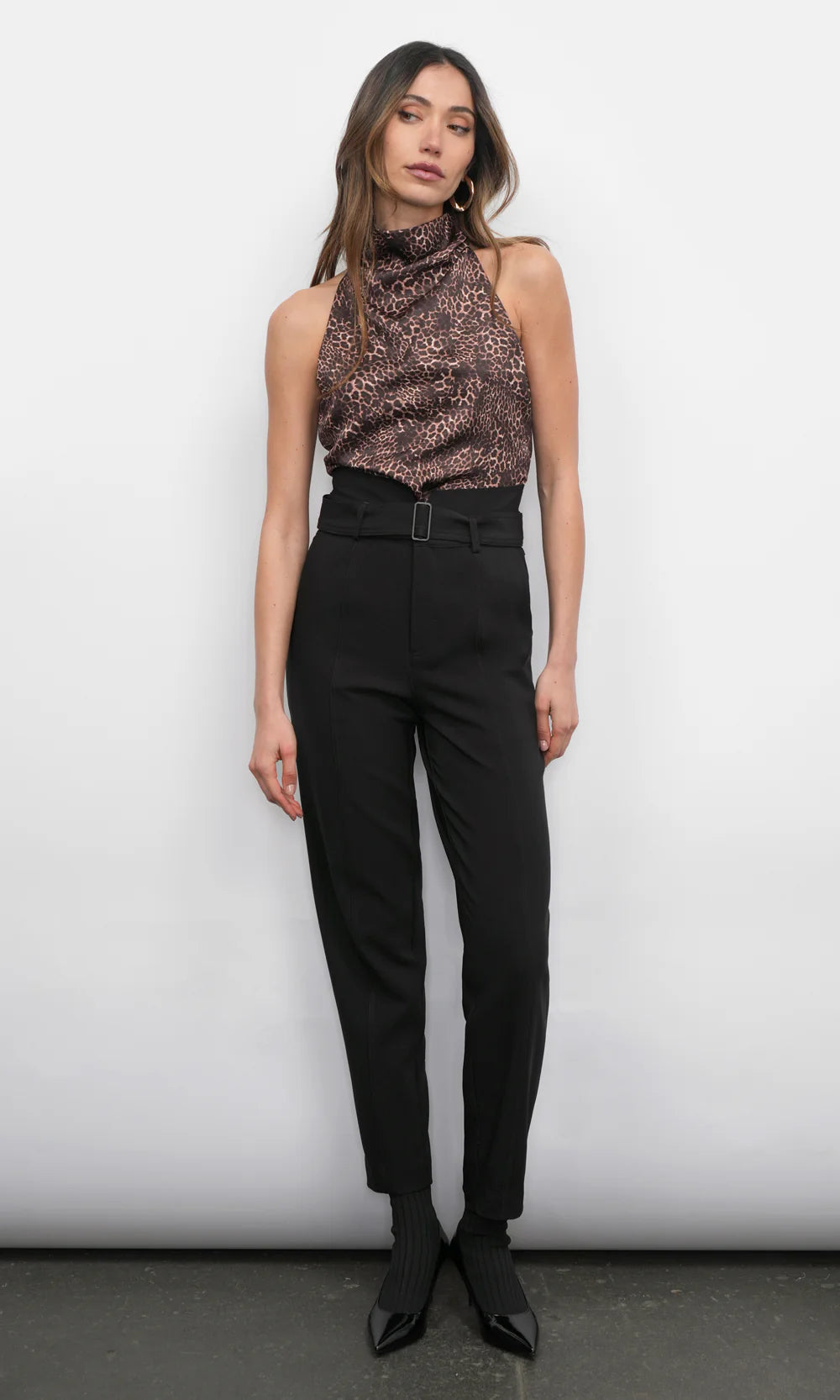 SHEILA COWL FUNNEL NECK HALTER TOP - LEOPARD