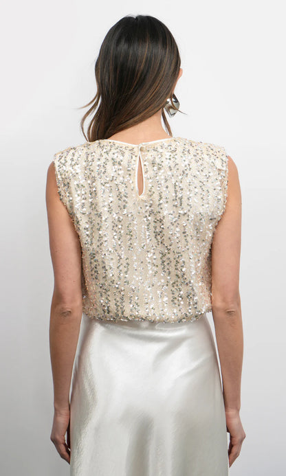 LIBERTY PADDED SHOULDER BUBBLE HEM SEQUIN TOP