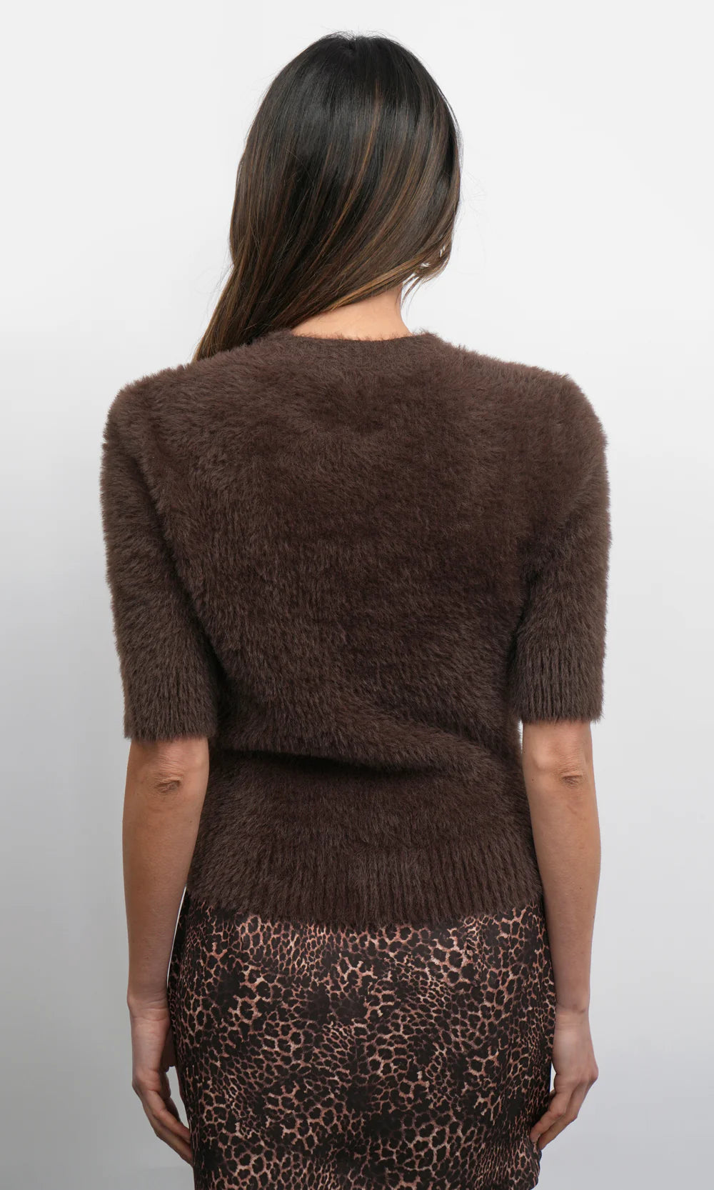 ODETTE FUZZY ELBOW SLEEVE KNIT TOP - ESPRESSO