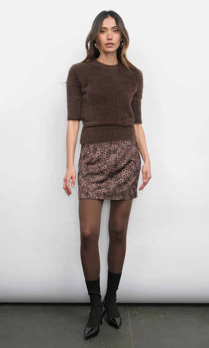 ODETTE FUZZY ELBOW SLEEVE KNIT TOP - ESPRESSO