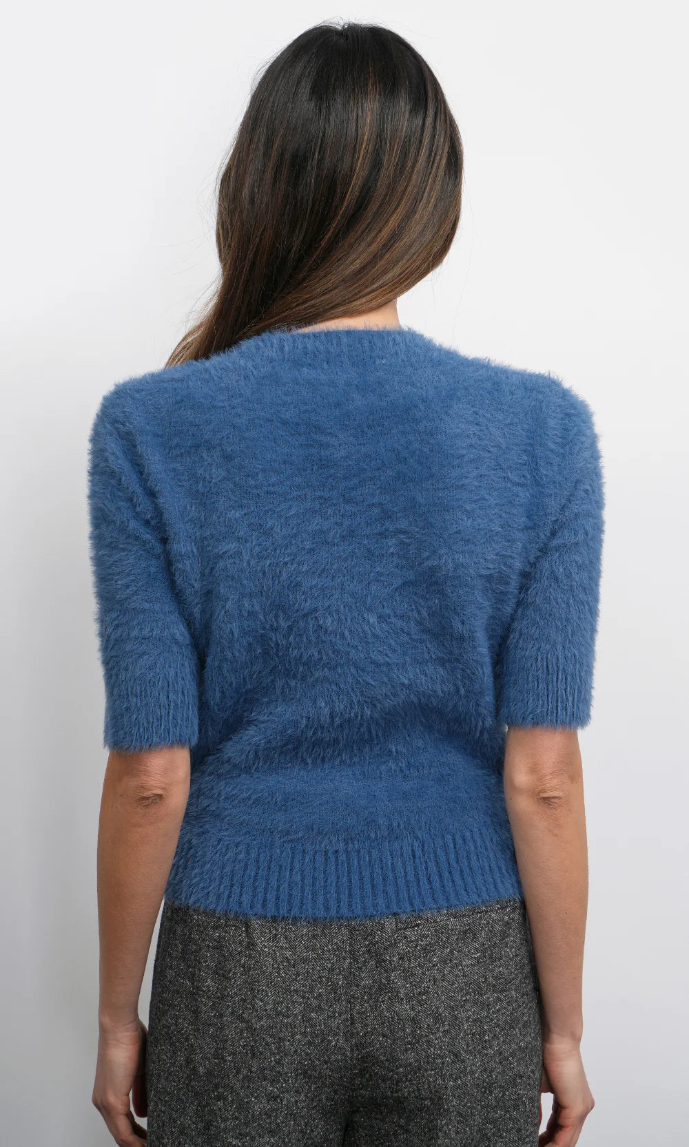 ODETTE FUZZY ELBOW SLEEVE KNIT TOP - INDIGO