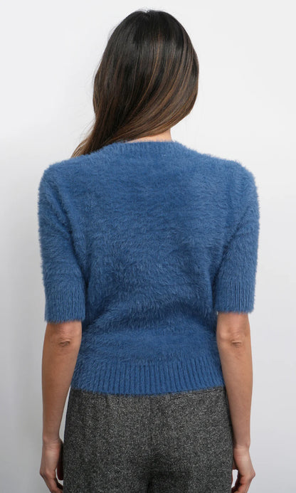 ODETTE FUZZY ELBOW SLEEVE KNIT TOP - INDIGO