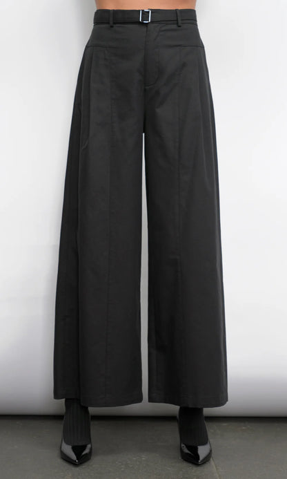 HERA WIDE LEG PALAZZO TWILL PANTS - BLACK