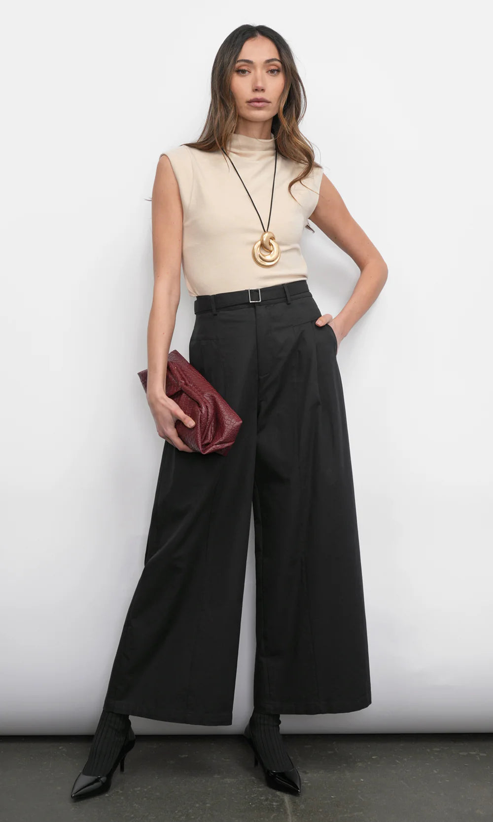 HERA WIDE LEG PALAZZO TWILL PANTS - BLACK