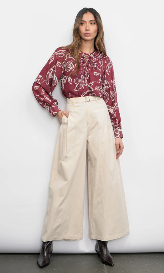 HERA WIDE LEG PALAZZO TWILL PANTS - BONE
