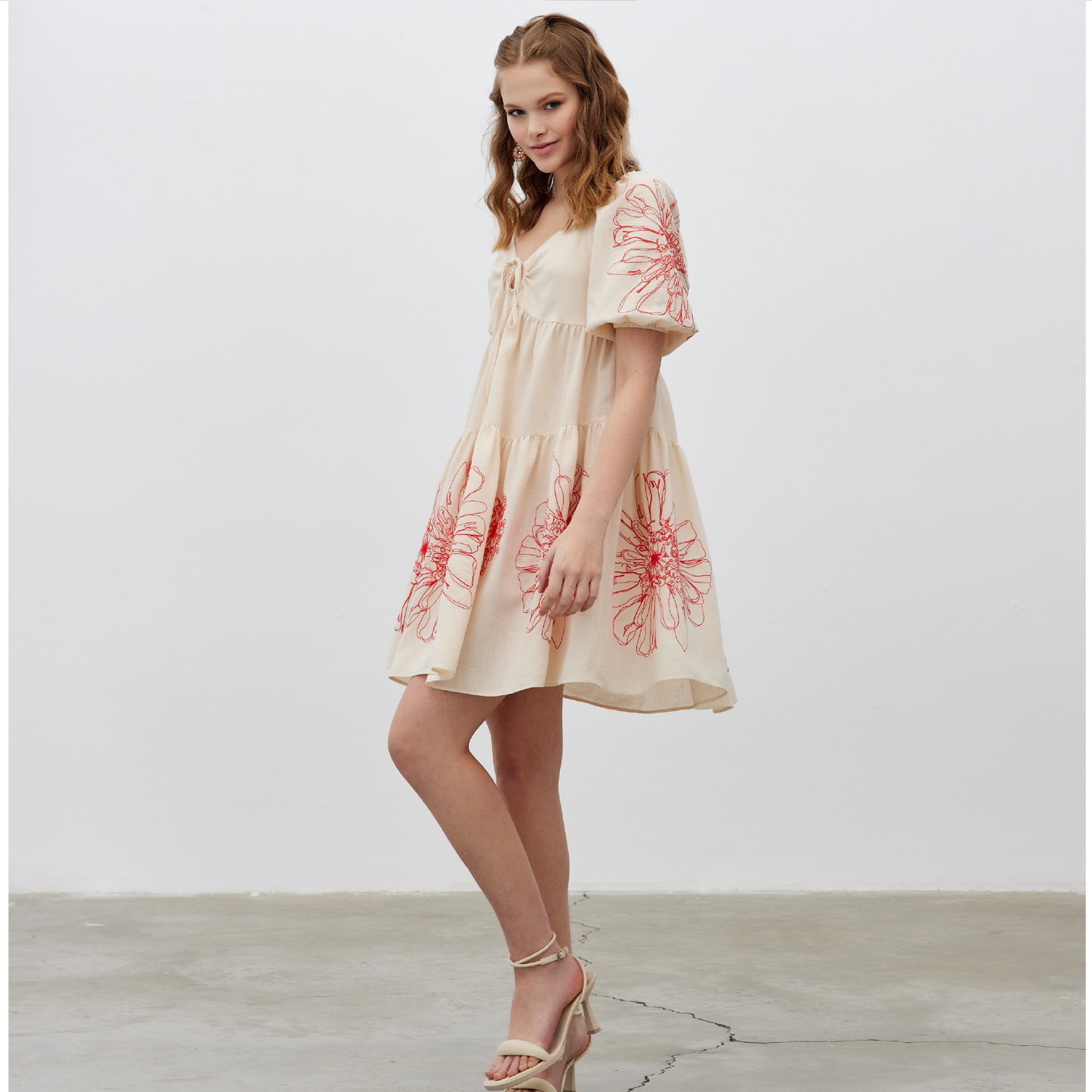 BEIGE FRONT TIE FLORAL EMBROIDERED WOVEN DRESS