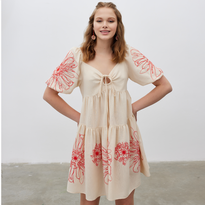 BEIGE FRONT TIE FLORAL EMBROIDERED WOVEN DRESS