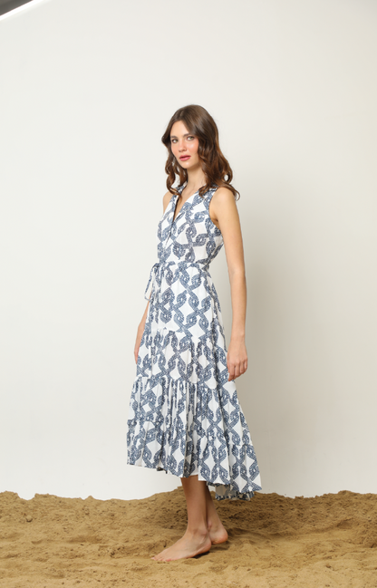 MAGDALENA DRESS KNOTS WHITE NAVY