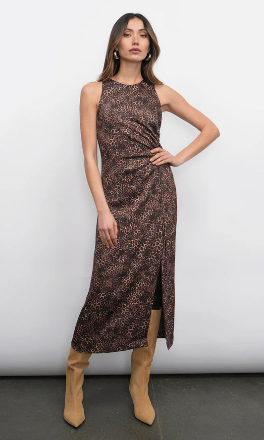 MARLI RUCHED TIE FRNT MIDI DRESS - LEOPARD