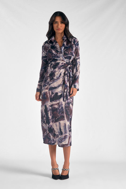 BLUE MARBLE PRINT DRESS LS WRAP