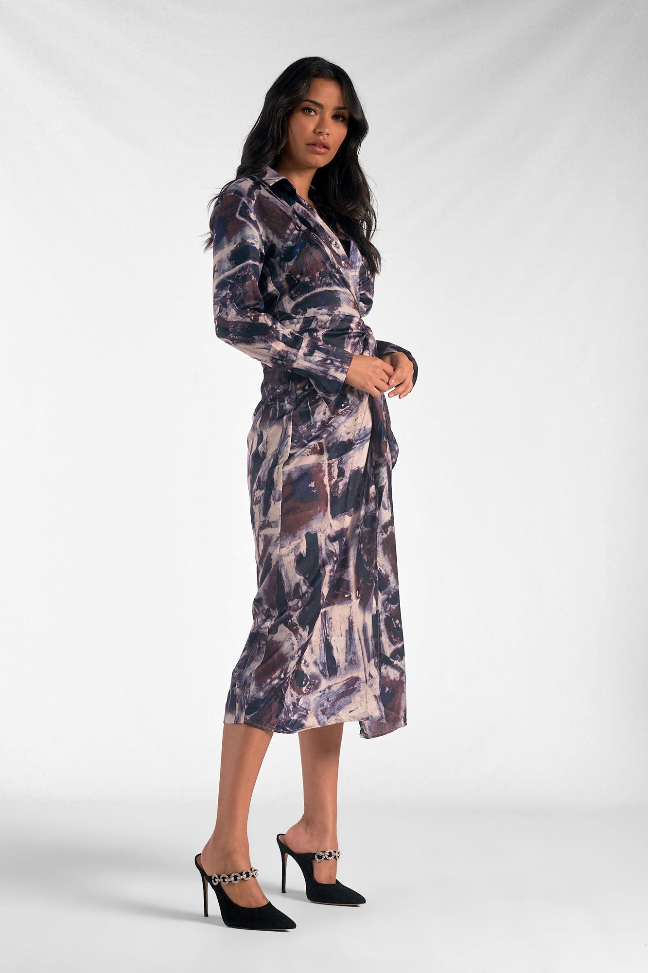 BLUE MARBLE PRINT DRESS LS WRAP