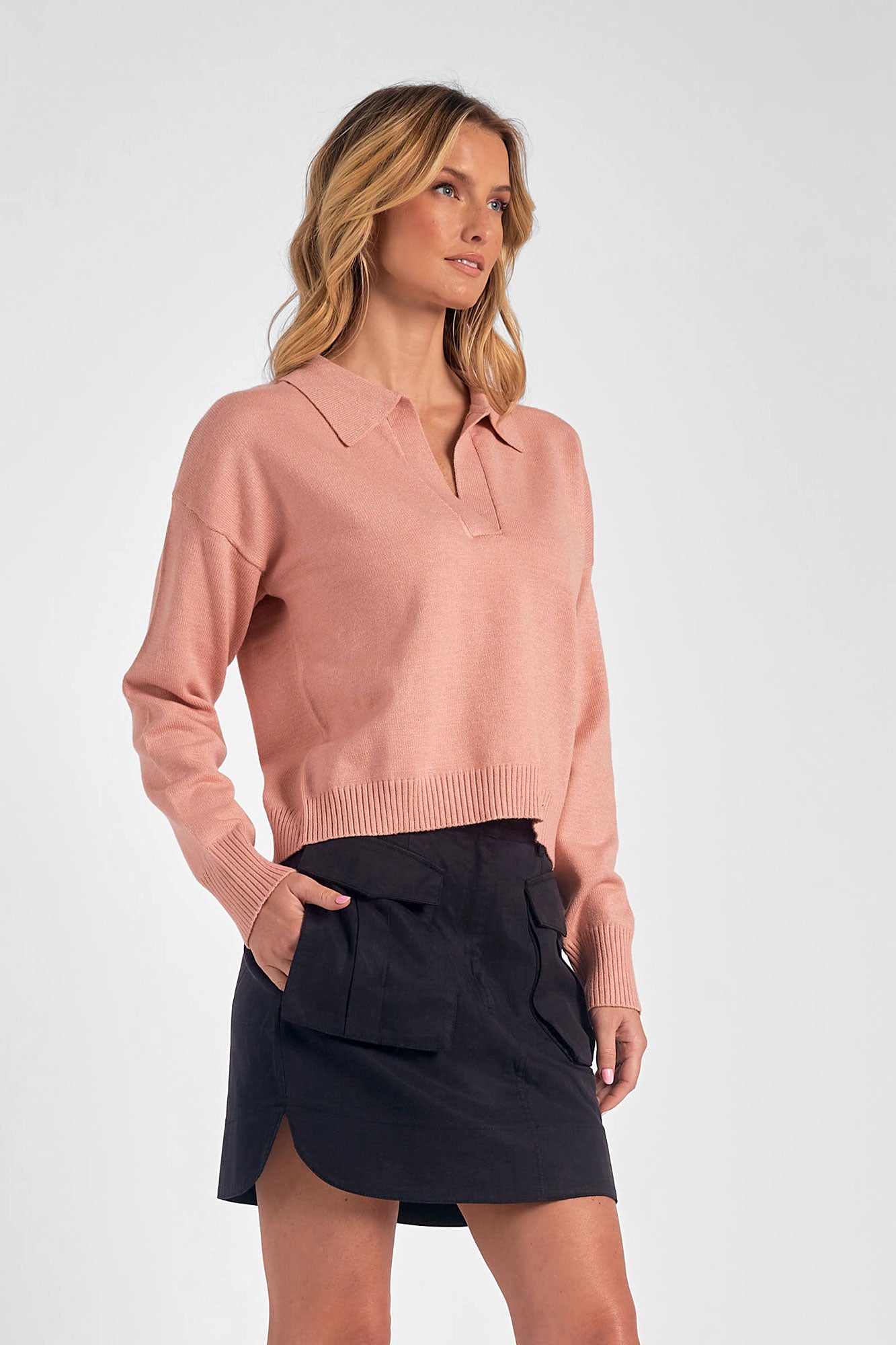 COLLARED V NECK SWEATER DUSTY PINK