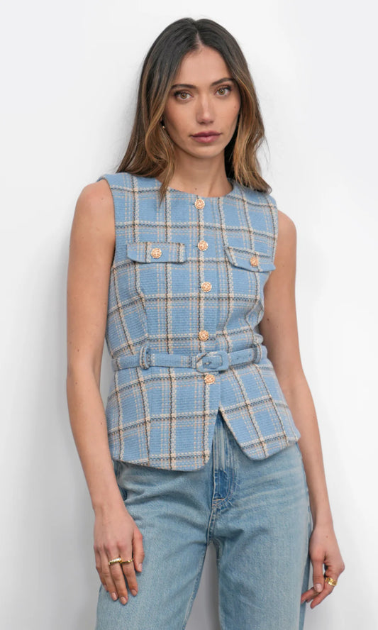SLOANE BELTED PLAID VEST - RETRO BLUE