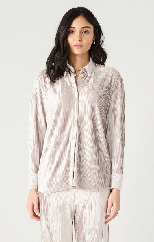 LONG SLEEVE FRONT PLISSE VELVET SHIRT - SILVER