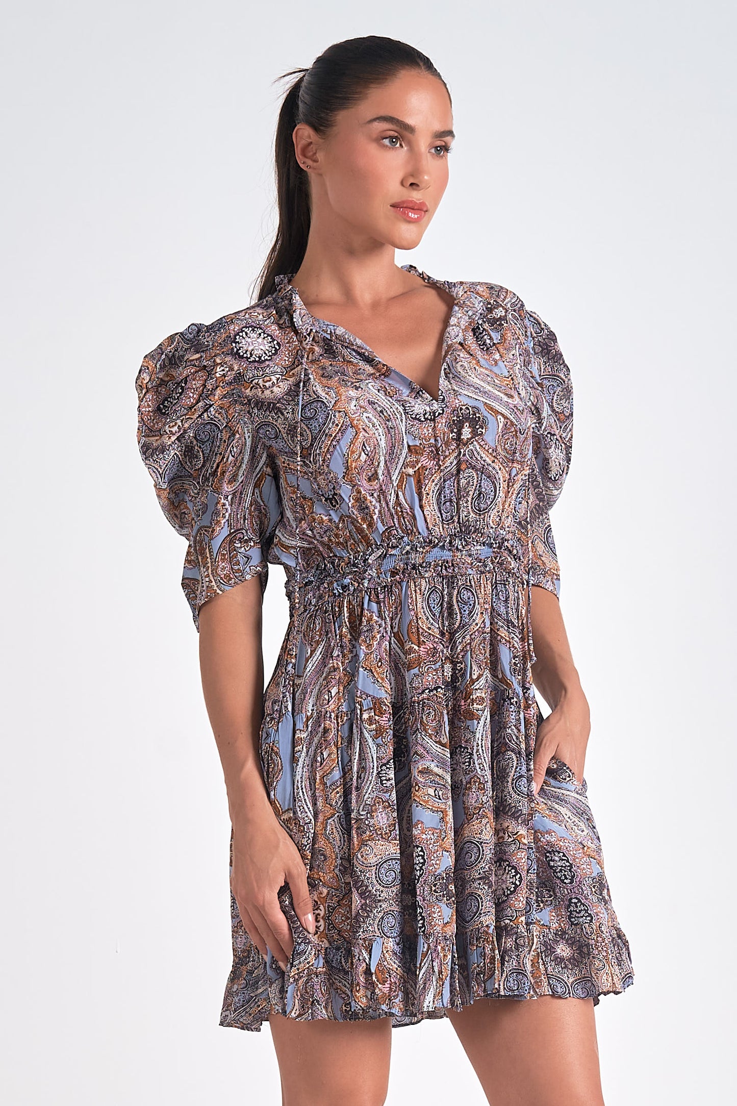 DRESS S/S HI NECK BLUE PAISLEY